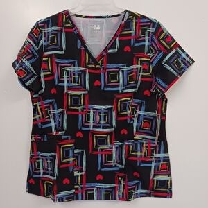 Dagacci Women's Hearts and Squares Abstract Scrub Top Size Large